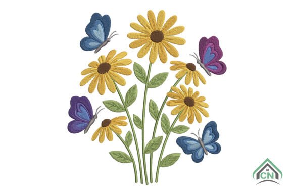 Daisy Flowers Butterflies Embroidery for Apparel